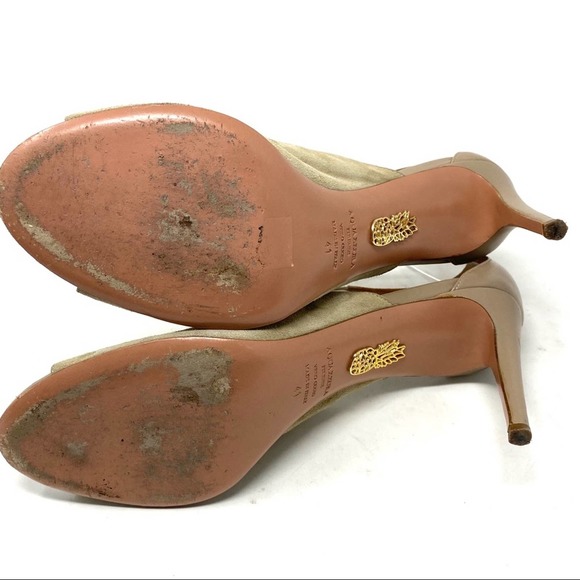 Aquazzura Estelle Leather Suede Cream Grey Taupe Ankle Tie Peep Toe Heels - Picture 12 of 13